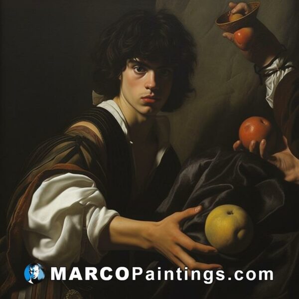 A painting showing the man holding an apple