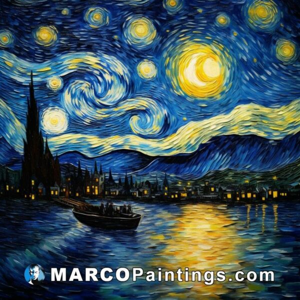 A painting showing the starry sky with a boat in the water