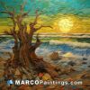 A painting showing the sun rising over a tree on the beach