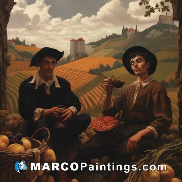 A painting showing two men drinking fruit