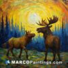 A painting showing two moose standing together