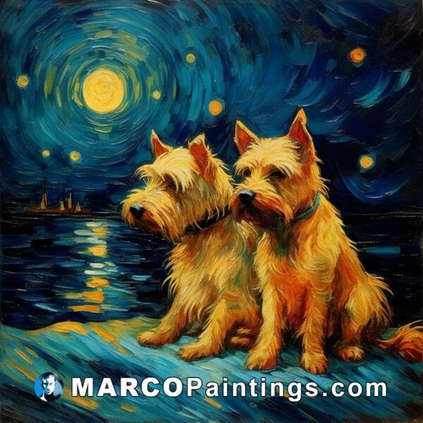 A painting showing two terriers sitting on the beach on starry night