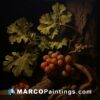 A painting shows a bunch of grapes and leaves
