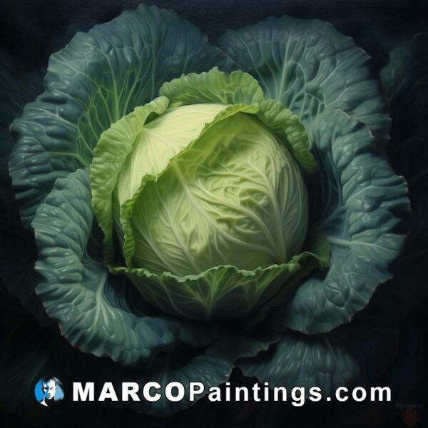 A painting shows a cabbage in a dark environment