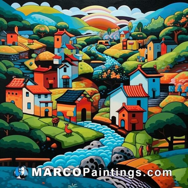 A painting shows a colorful village with water and houses