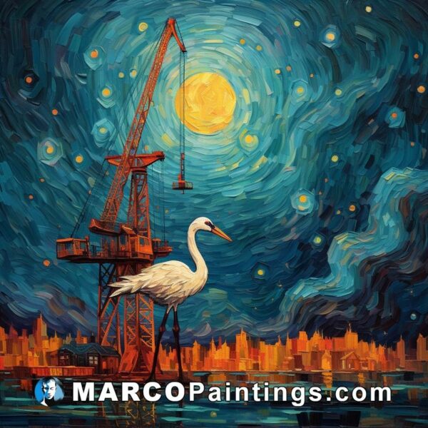 A painting shows a crane at night with a stork standing near it person