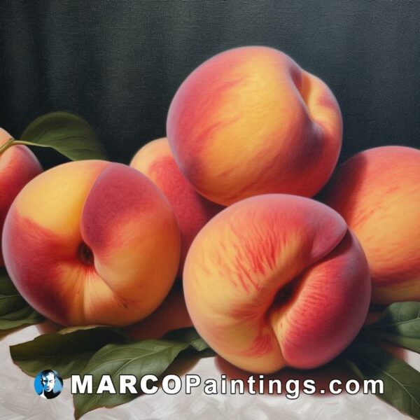 A painting shows a group of peaches sitting on top of a white table