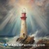 A painting shows a lighthouse in the water