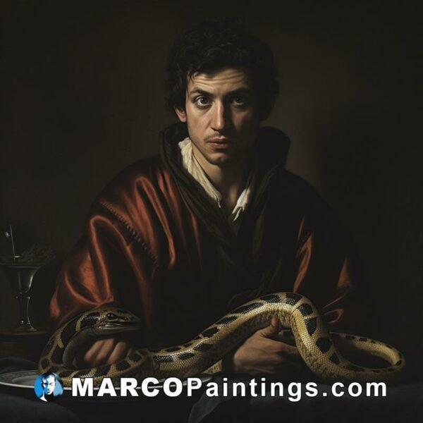 A painting shows a man holding a snake