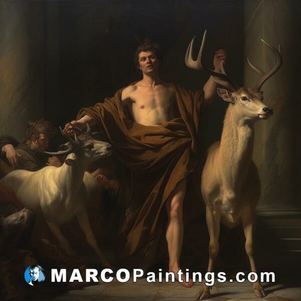 A painting shows a man with animals standing in front of them