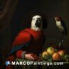 A painting shows a parrot sitting at a table holding some fruit