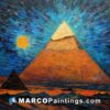 A painting shows a pyramid and sky against the moon