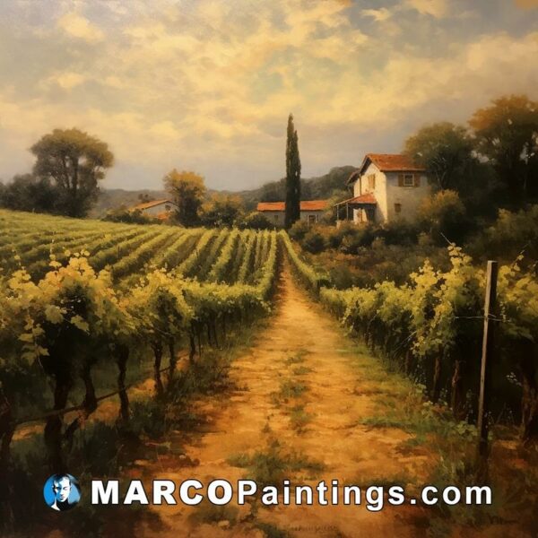 A painting shows a road leading to wine vines