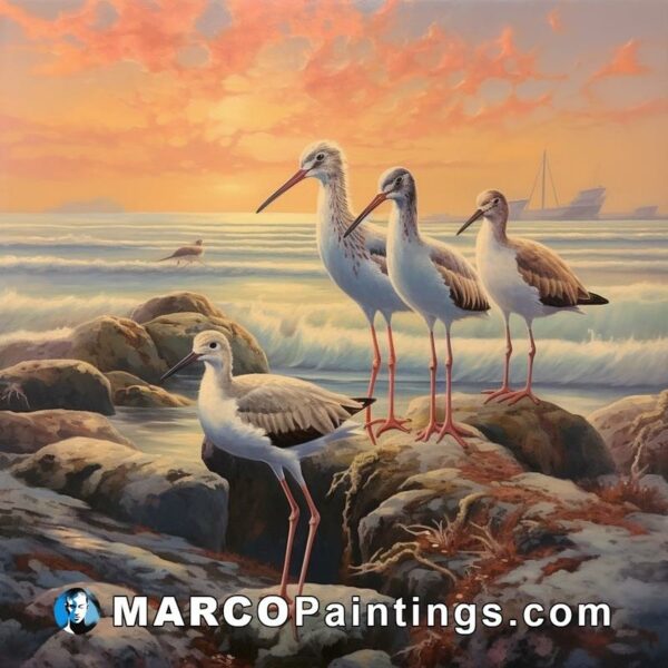 A painting shows a shore with birds at the ocean and sunset