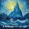 A painting shows an iceberg and a boat on an ocean