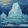 A painting shows an iceberg in the water with a boat