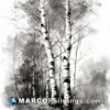 A painting shows birch trees in black and white