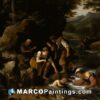 A painting shows people and two dogs standing in a stream