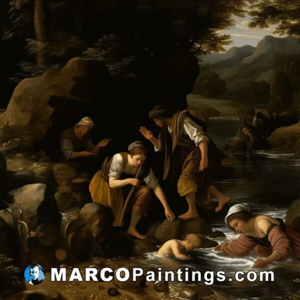 A painting shows people and two dogs standing in a stream