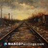 A painting shows railroad tracks and a sunset