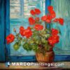 A painting shows red flowers on a vase by a window