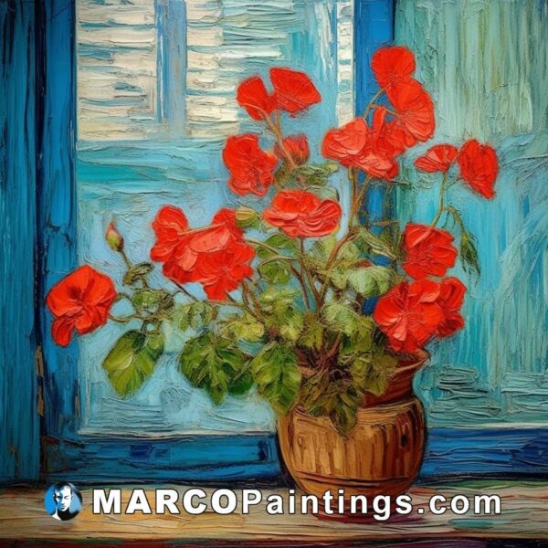 A painting shows red flowers on a vase by a window