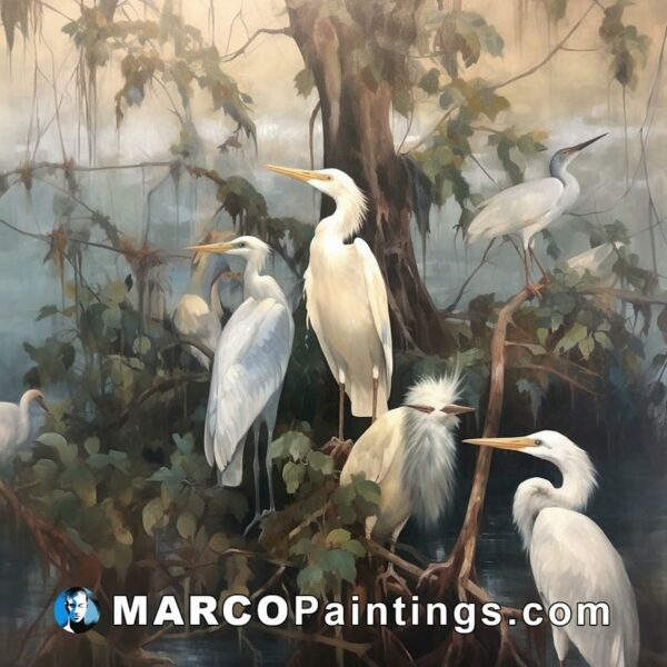 A painting shows several white birds in a jungle