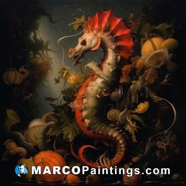 A painting that features a seahorse with a pumpkin in its mouth