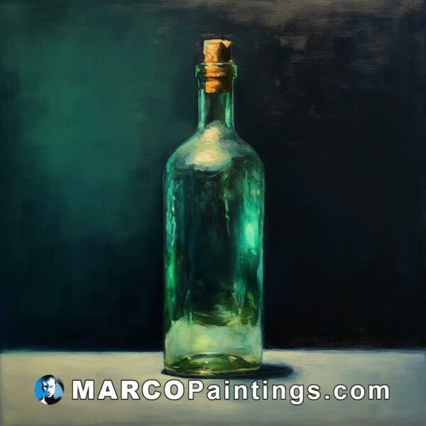 A painting that shows a bottle on a dark green table