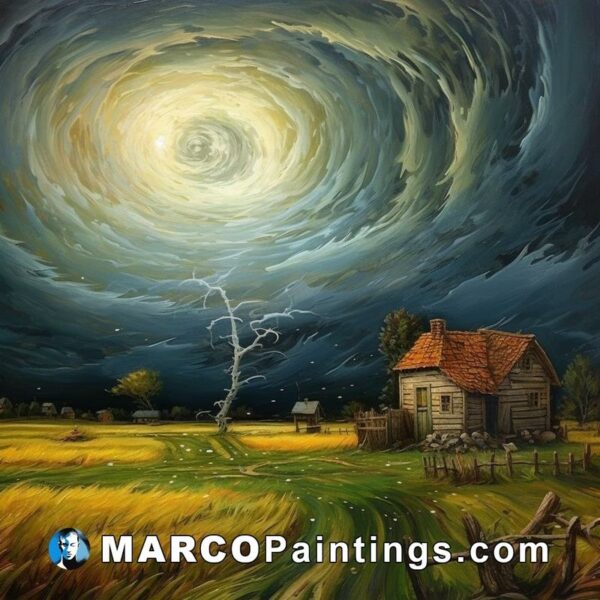 A painting that shows a lightning storm over an open field