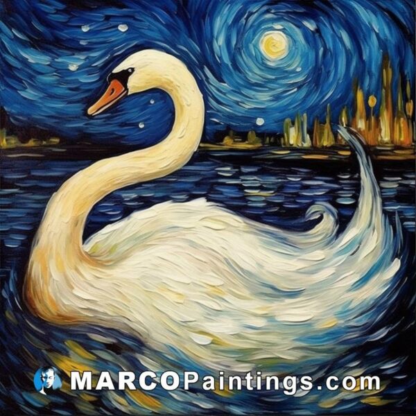 A painting that shows a white swan in the nighttime