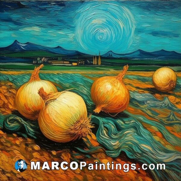 A painting that shows an onion field and the moon