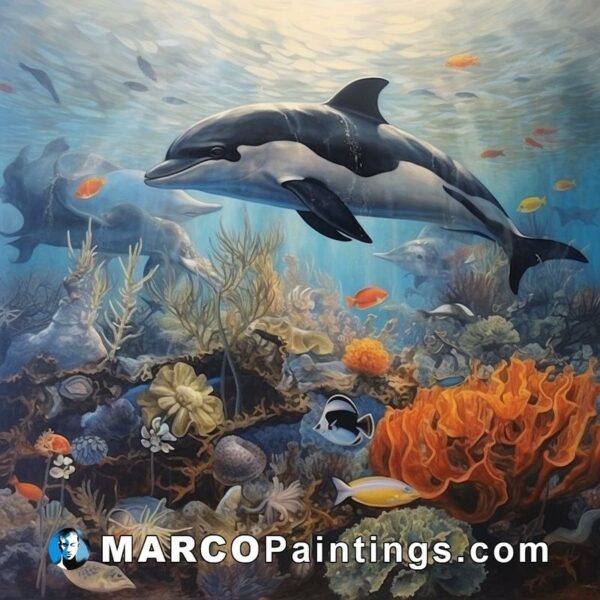 A painting that shows dolphins swimming in the ocean with coral and other fish