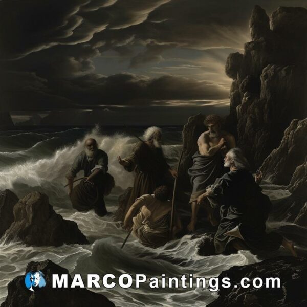 A painting that shows men on rocks in the water