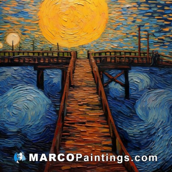 A painting where a bridge is seen by the moon