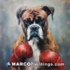 A painting with a boxer dog with red boxing gloves