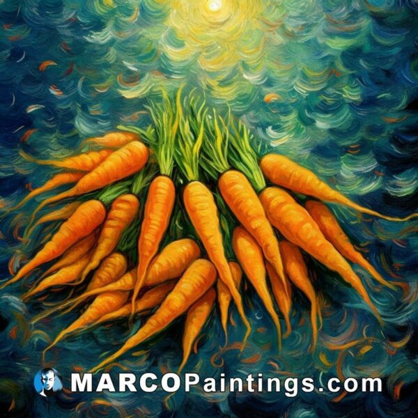 A painting with a bunch of orange carrots