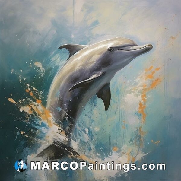 A painting with a dolphin jumping out of the ocean