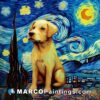 A painting with a labrador in front of a starry night
