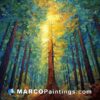 A painting with a lot of tree and light shining in a forest