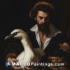 A painting with a man holding a goose