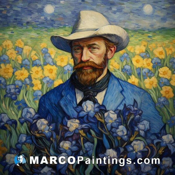A painting with a man in a cowboy hat and irises