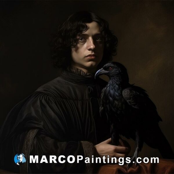 A painting with a painting of a man holding a crow