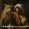 A painting with a portrait of a man and a leopard