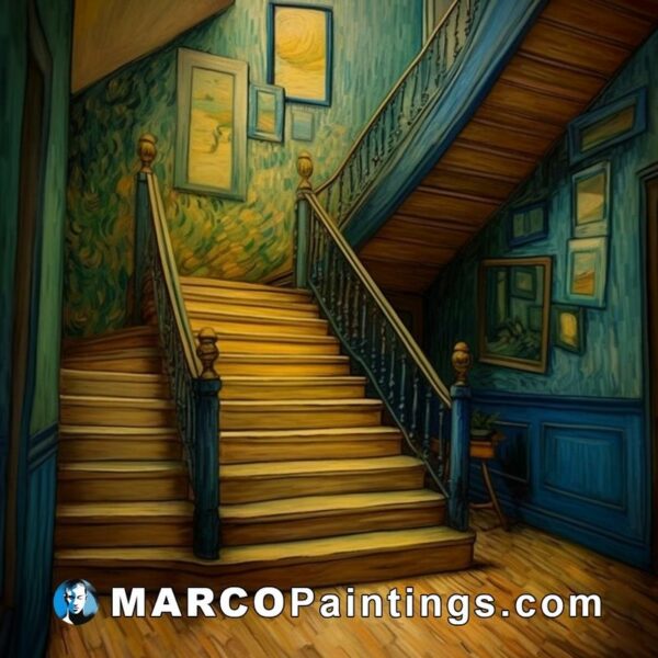 A painting with a red staircase and some pictures of van gogh
