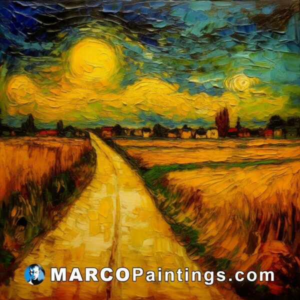 A painting with a wheat field under a dark sky
