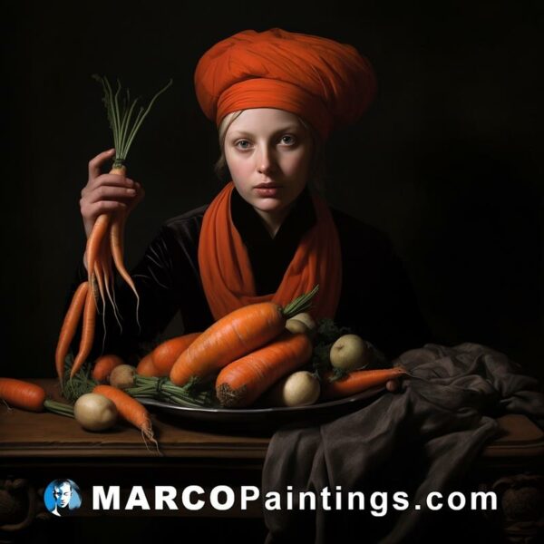 A painting with a woman holding carrots and vegetables