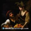 A painting with a woman telling a man about the fruit