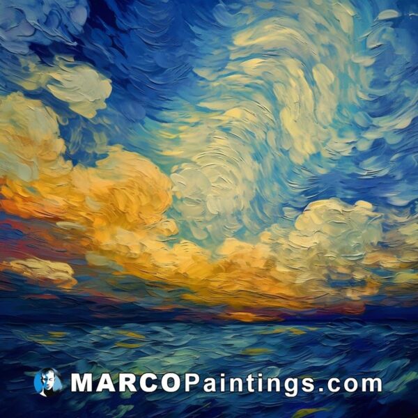 A painting with abstract clouds and blue sky