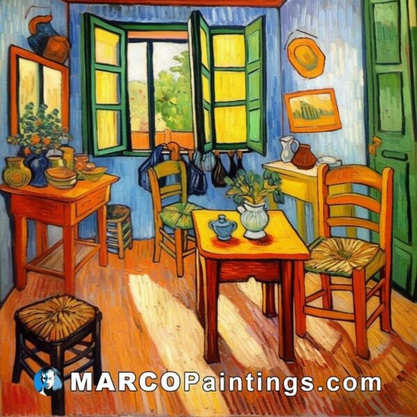 A painting with chairs and pots in it